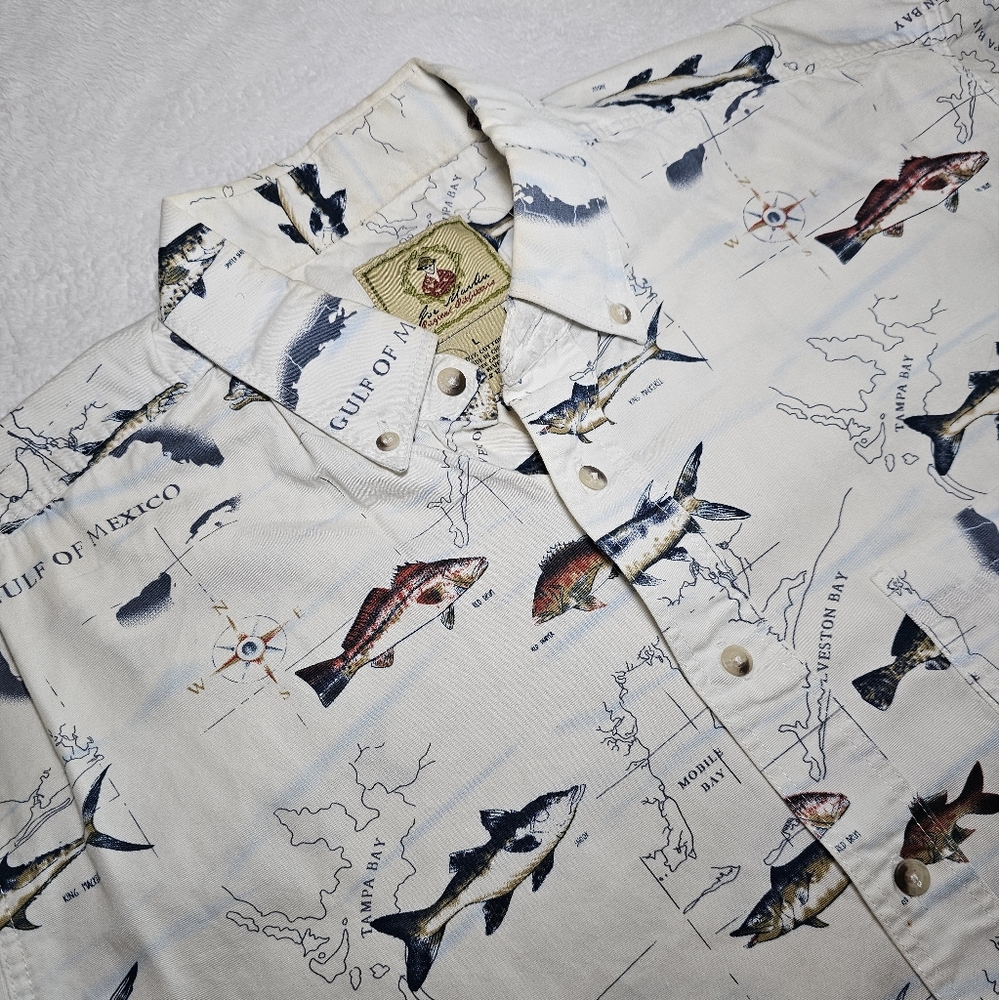Joe Marlin Mens L button Short Sleeve Shirt Fishing Boat  Deep Sea